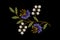 Pattern for embroidery wavy sprig with purple cornflowers and delicate white flowers on black background