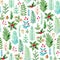 Pattern with evergreen plants, leaves and branches