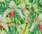 Pattern of exotic plants: orchids, flycatcher and monstera on green background