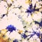 Pattern on the fabric, background texture, multi-colored spots, blots, flowers, foil, stars, violets,