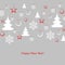 Pattern with fir-trees snowflakes balls of stars with text Happy New Year Winter background