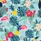 Pattern with flamingo, pineapple, toucan and monstera