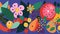 Pattern with flowers, fruits and plants in matisse style. Background with trendy doodle abstract elements.