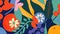 Pattern with flowers, fruits and plants in matisse style. Background with trendy doodle abstract elements.