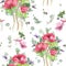 Pattern with flowers: pink anemones, clematis and branches eucalyptus, watercolor painting