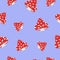 Pattern with fly agaric on a blue background, red poisonous mushrooms with white spots. Vector illustration