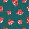 Pattern with fly agaric on a green background, red poisonous mushrooms with white spots. Vector illustration
