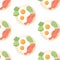 Pattern with fried eggs. Seamless pattern with scrambled eggs and fish on a plate.