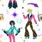 Pattern funk . 80s style clothing.Retro dancer pattern. People in 1980s, eighties style clothes dancing disco, cartoon vector illu