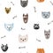 Pattern with funny different cats and bones on a white background