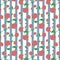 pattern of fuzzy wuzzy color rose with may green color leaf and stream, pewter blue color vertical lines on lines on background.