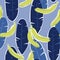 Pattern with green bananas and palm leaves on a blue background