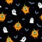 Pattern for Halloween. Pumpkins, ghosts, bats and stars on a black background