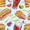 Pattern with hamburgers, fries, hot dog and cola on a blue background.