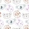 pattern with hand drawn cute colored animal faces