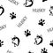 Pattern - husky silhouette. Very beautiful dog with text and paw prints. Black color.