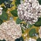 Pattern hydrangea with butterflies on gold background