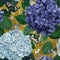 Pattern hydrangea with butterflies on gold background