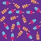 Pattern ice cream on stick on purple background. Seamless pattern fruit and milk ice cream eskimo.