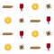 Pattern illustration with cinnamon sticks, irish glasses with mulled wine, orange slices and cardamon