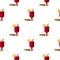Pattern illustration with composition of cinnamon sticks, irish glasses with mulled wine, orange slices and cardamon