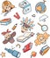 Pattern: kids, books, pencil, magnifier, globe, boat