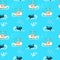 Pattern for kids, whale and ship on blue background