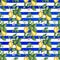 Pattern of lemons and leaves on a striped watercolor background