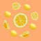 Pattern of lemons in pastel colors. Coral background, yellow lemons.