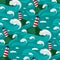 A pattern with lighthouses on an island surrounded by large waves in cartoon style scattered in the sea. Vector graphic