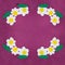 Pattern made from child greeting card with three daisy and green leaves from paper to March 8 or Mother`s Day on violet backgroun