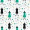 Pattern with mannequins, dress, scissors and sewing tools. Vector illustration