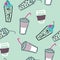 Pattern of many glass of juse, coffe, tee and other drinks. Bright doodle background