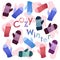 Pattern from multi-colored mittens. Winter cozy illustration. The vector drawing with an inscription Cozy winter