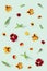 Pattern with natural blossom flowers heartsease, buds, petals and leaves on paper. Small bright blooms of flower pansy