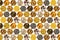 Pattern of nuts coconut cashew hazel nut spices and corn grains yellow honeycomb icon on white background