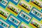 Pattern of old colorful cassette audio tape, Blue and yellow color background