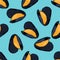 the pattern of an open orange mussel with a gray shell. seamless hand-drawn pattern in the style of a sketch of seafood