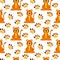 Pattern with orange Chinese tigers and paw prints. Vector illustration.