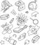 Pattern outline: kids, books, pencil, magnifier, globe, boat