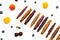 Pattern pastila fruit leather rolls up with fruits on white background. Horizontally.