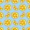 Pattern Pieces of oranges on a blue background. Slice and circle of citrus fruit. Sour taste. Summer pattern. Colors