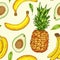 Pattern with pineapple, avocado and banana