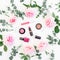 Pattern of pink rose flowers with eucalyptus branches and cosmetic: lipstick, shadows, mascara on white background. Flat lay, top
