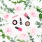 Pattern of pink rose flowers with eucalyptus and cosmetic: lipstick, shadows, mascara on white background. Flat lay, top view