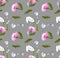 Pattern of pink wild poppy flowers on a gray background. Drawn by hand. Spring, summer. Poppy leaf, flowering, poppy bud. Design