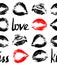 Pattern prints of female lips, lipstick, contrast black and red , tender and sensitive, isolated on white background