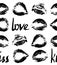 Pattern prints of female lips, lipstick, contrast black , tender and sensitive, isolated on white background, lettering