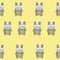 Pattern rabbits in striped clothes on light yellow background