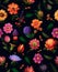 .Pattern rapport seamless of beautiful garden flowers and leaves in black background. Pattern mirrored for repeat background.